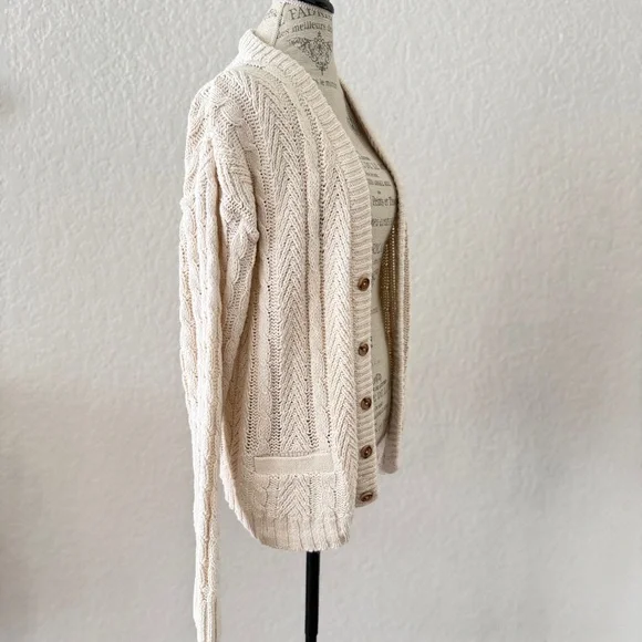 Cream Cable-Knit Button-Front Cardigan made in USA 100% cotton - Picture 3 of 10